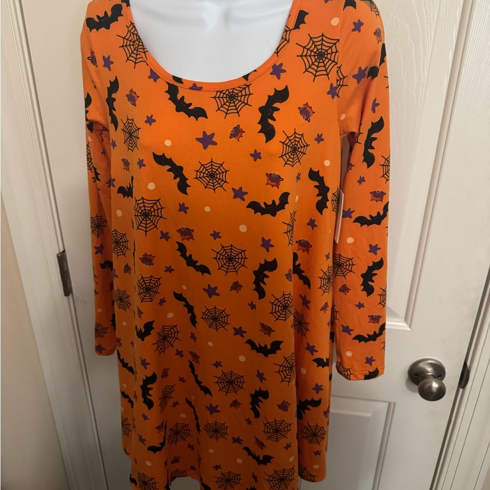 Womens Orange Halloween Webs Bats Long Sleeve Dress VIBE Sportswear Med NWT